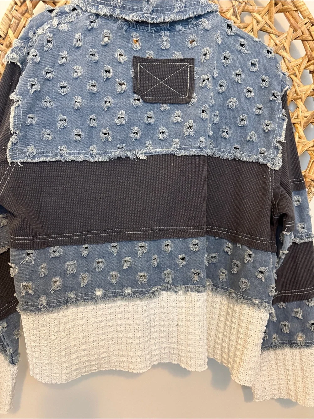 Pol Distressed Patchwork Pullover - Blue, Dark Gray, Cream - Picture 9 of 15